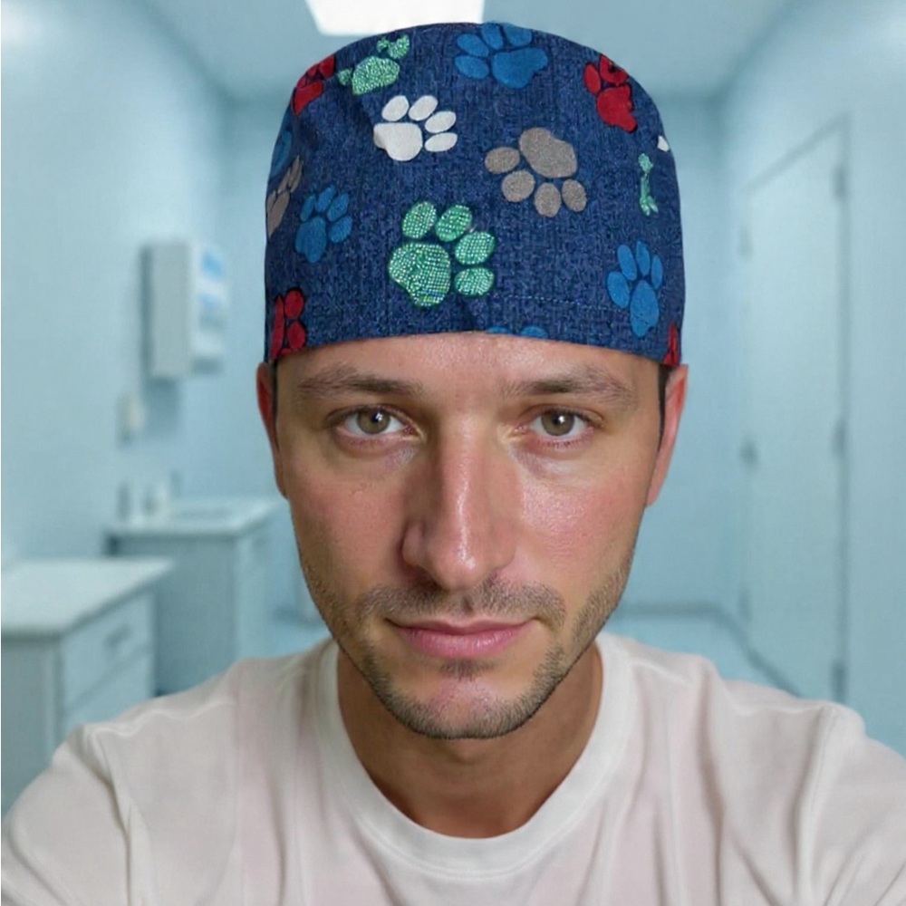 Navy Scrub Cap with Colorful Paw Prints